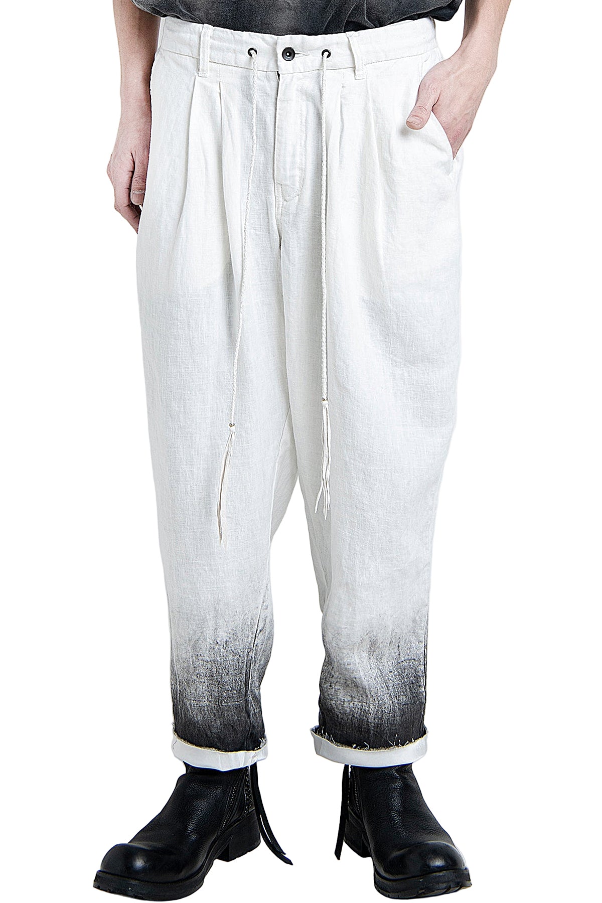 2501-PT04 Linen Layered Tuck Pants White