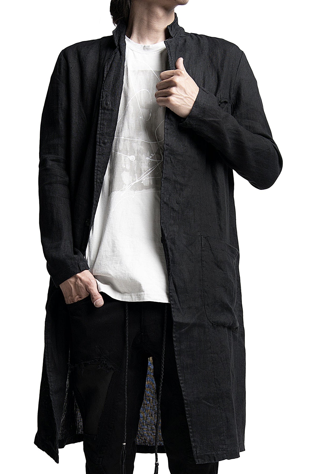 2401-JK02 Linen Side Slit Coat 02 Black