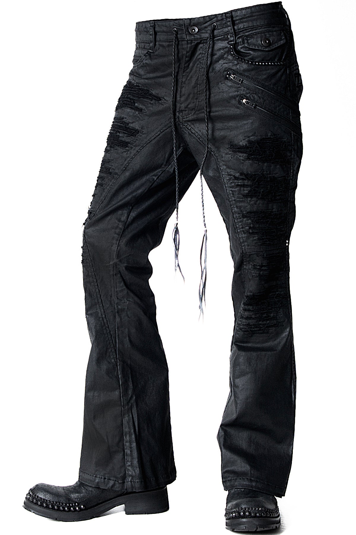 2502-PT18 Coating Double Zip Stretch Flare Pants