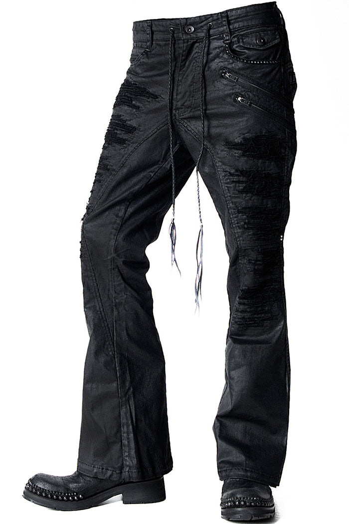 2502-PT18 Coating Double Zip Stretch Flare Pants