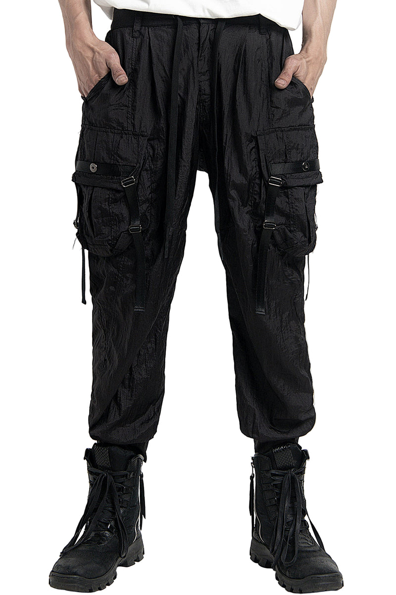 2401-PT05 Black Metal Parachute Pants 02 Black