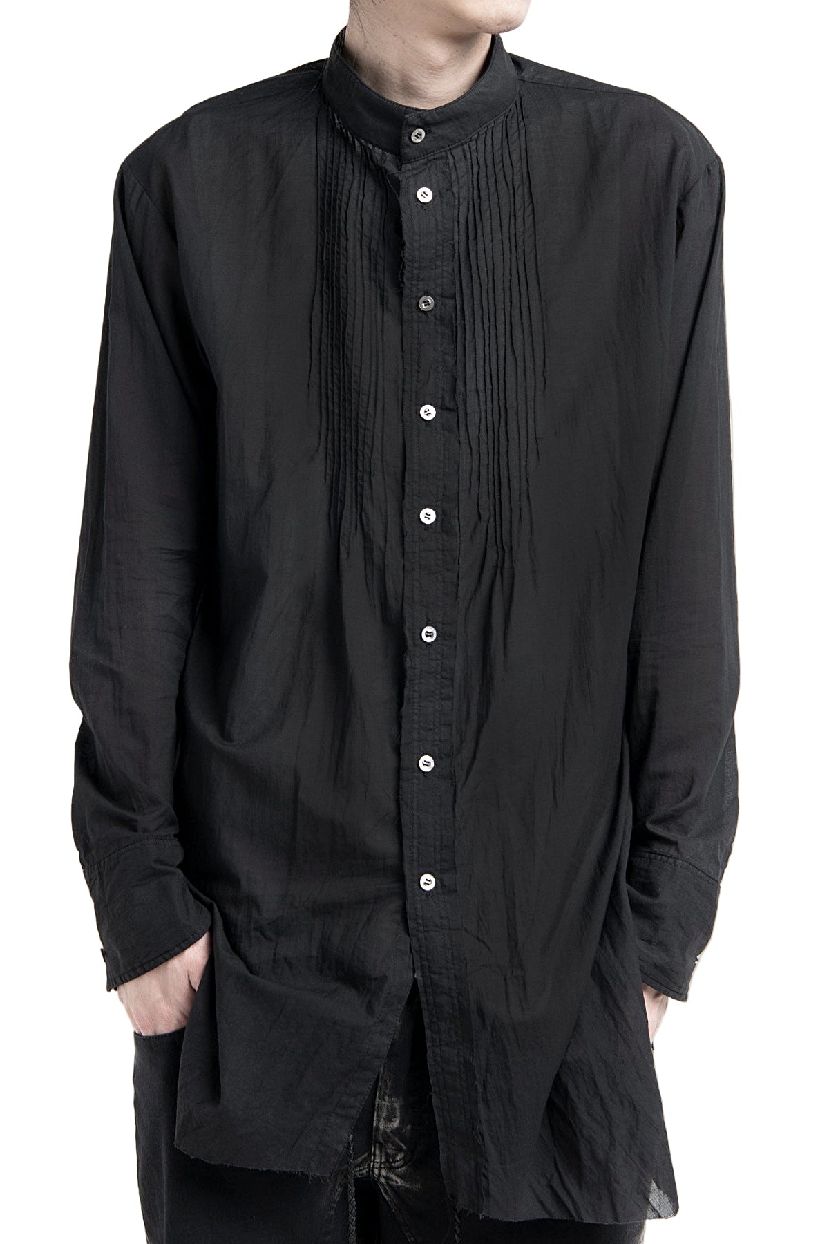 2501-SH04 Stand Collar Layer Shirt Black