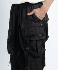 2401-PT05 Black Metal Parachute Pants 02 Black