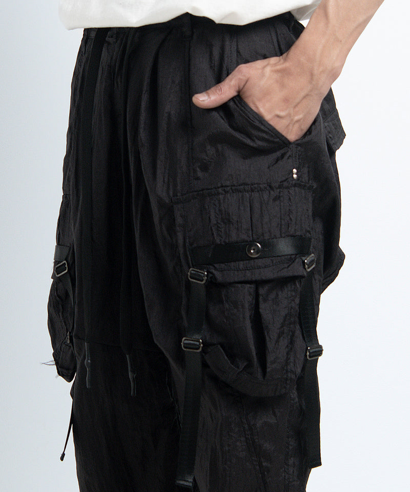 2401-PT05 Black Metal Parachute Pants 02 Black