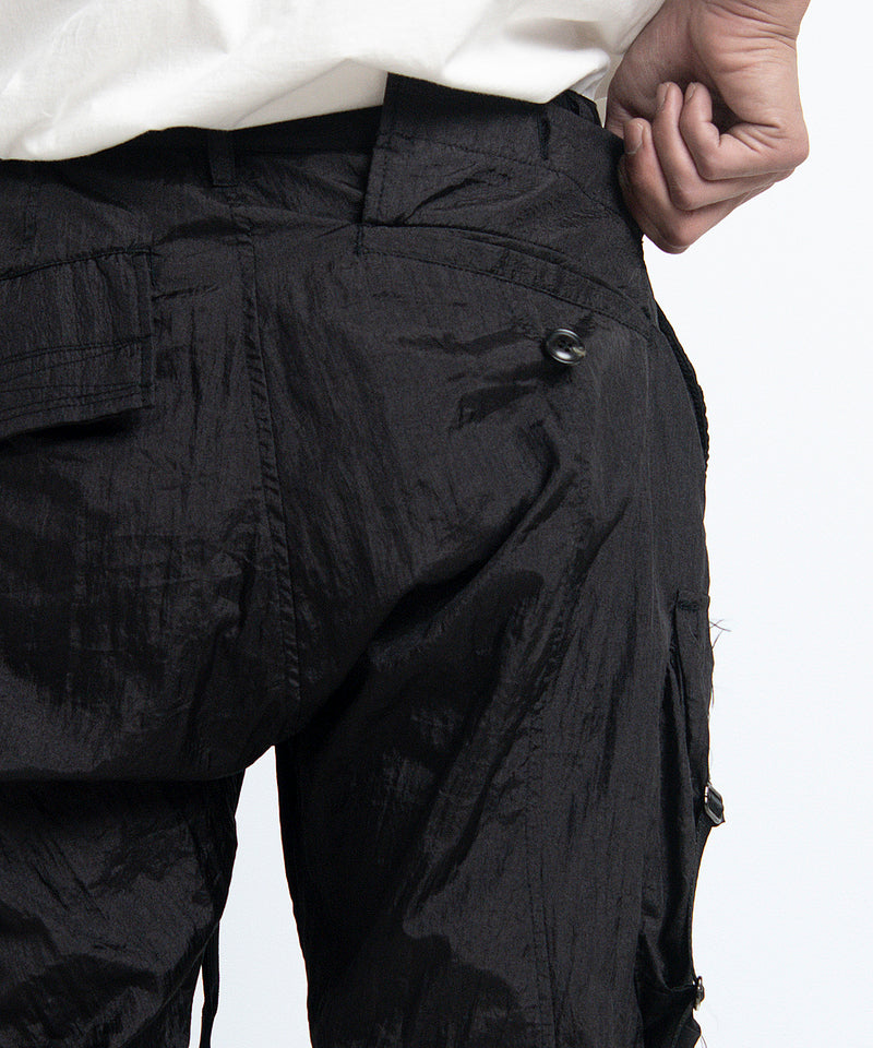 2401-PT05 Black Metal Parachute Pants 02 Black