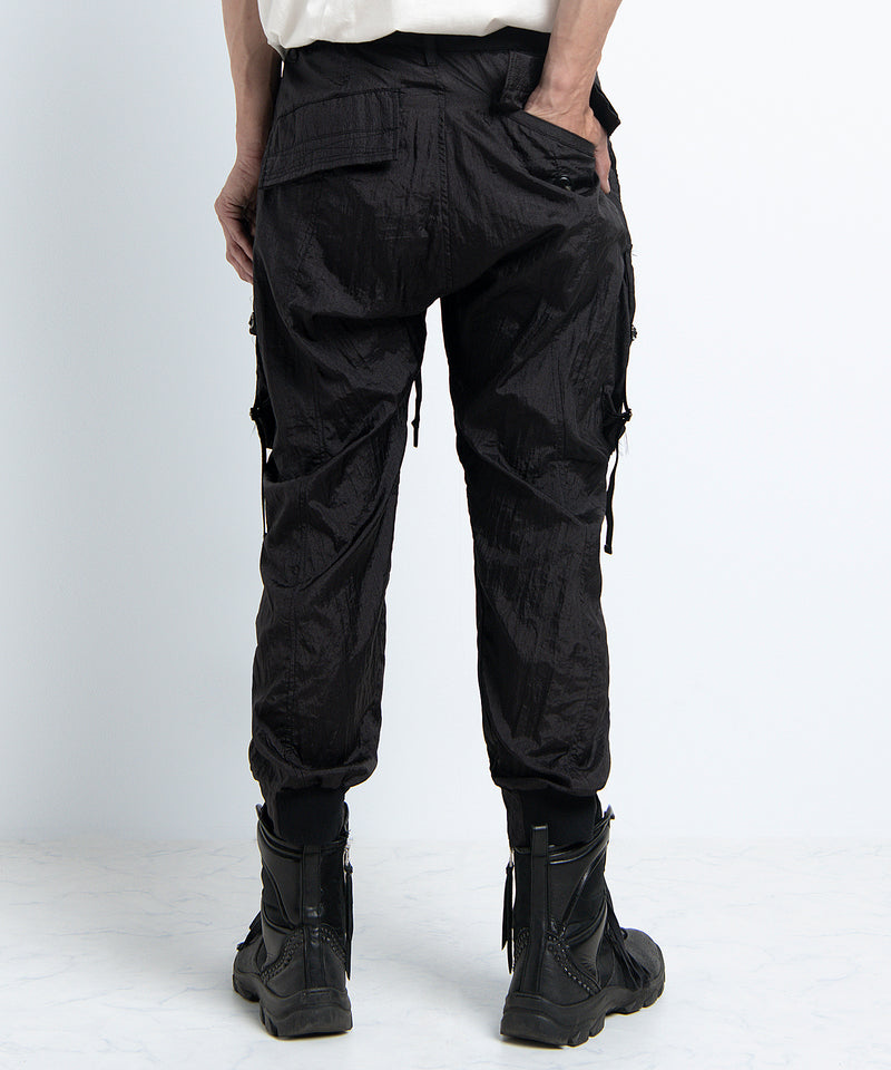 2401-PT05 Black Metal Parachute Pants 02 Black