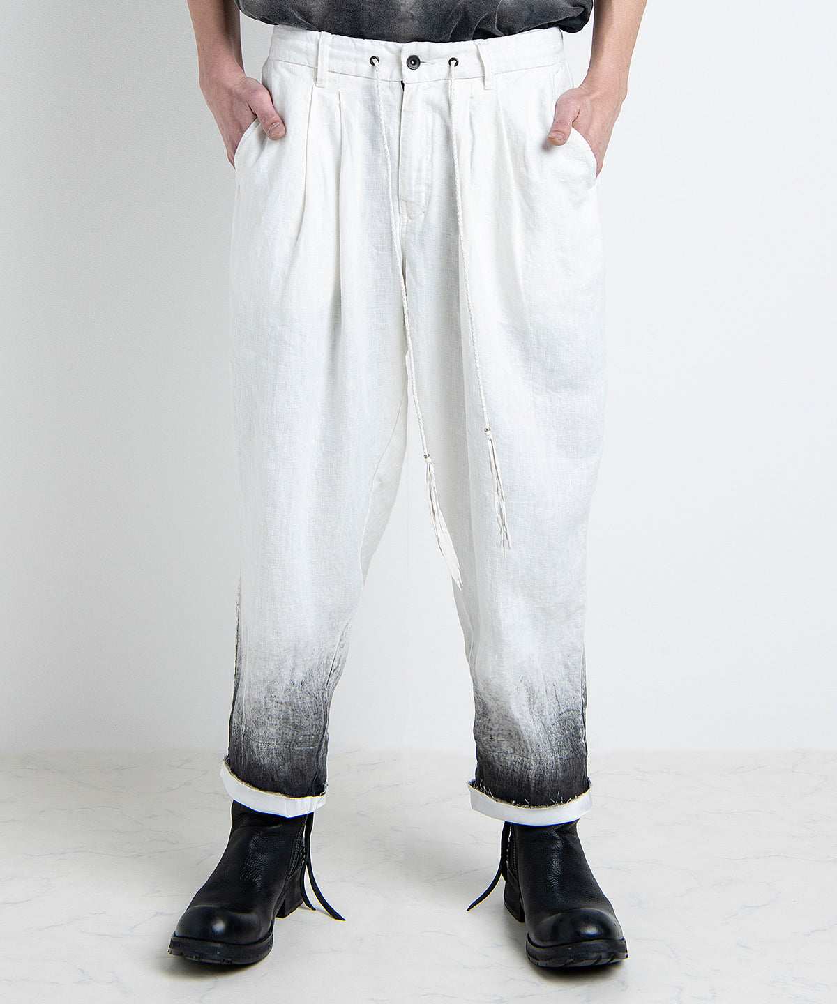 2501-PT04 Linen Layered Tuck Pants White