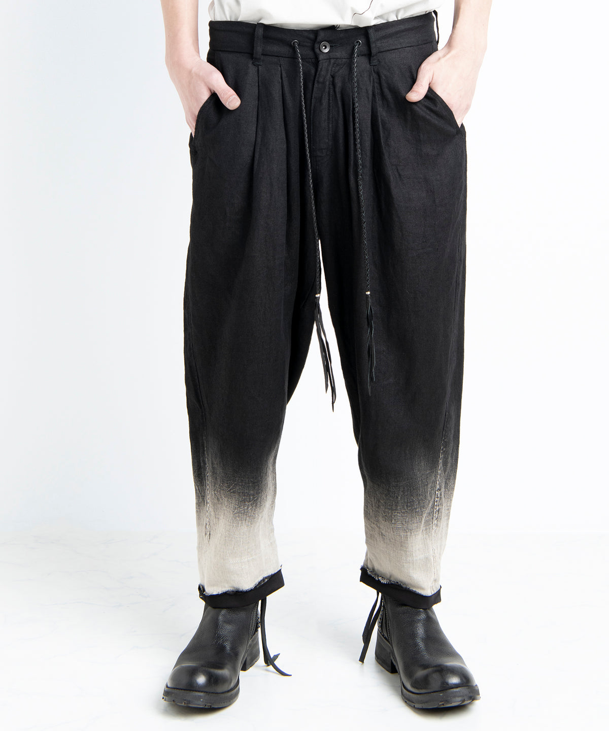 2501-PT04 Linen Layered Tuck Pants Black