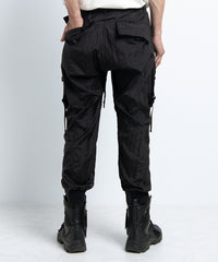 2401-PT05 Black Metal Parachute Pants 02 Black