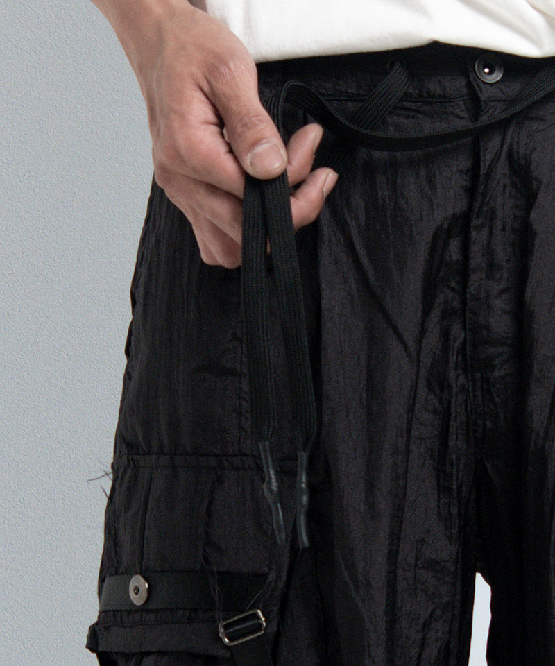 2401-PT05 Black Metal Parachute Pants 02 Black