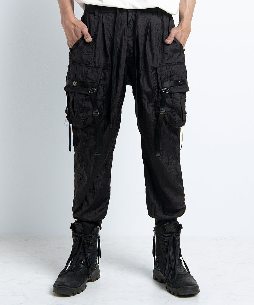 2401-PT05 Black Metal Parachute Pants 02 Black