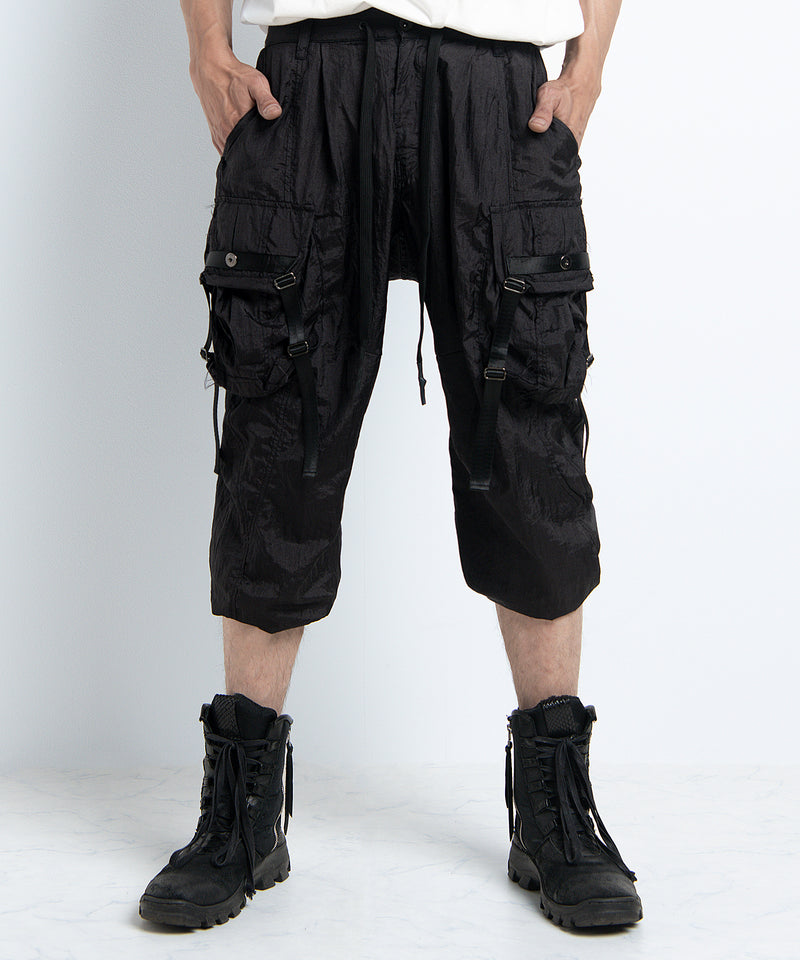 2401-PT05 Black Metal Parachute Pants 02 Black