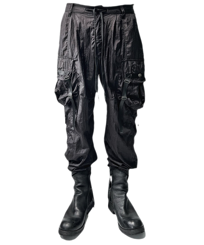 2401-PT05 Black Metal Parachute Pants 02 Black