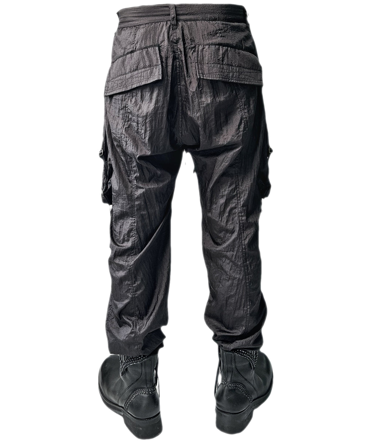 2401-PT05 Black Metal Parachute Pants 02 Black