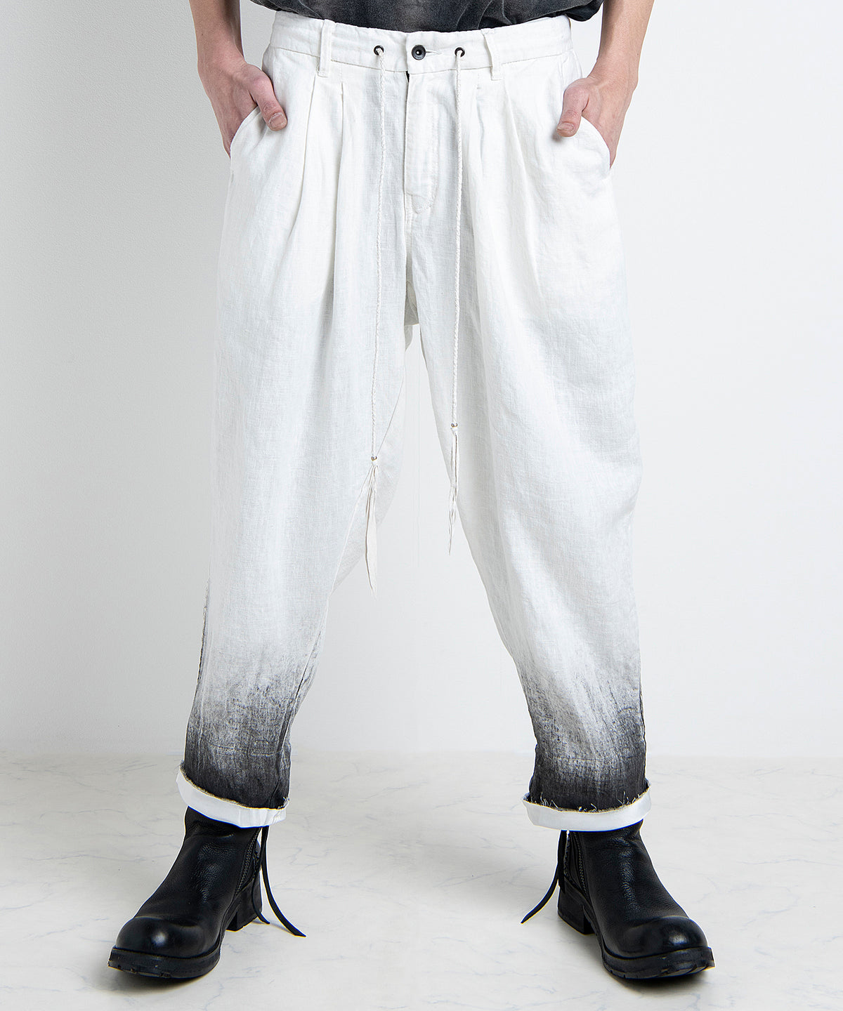2501-PT04 Linen Layered Tuck Pants White