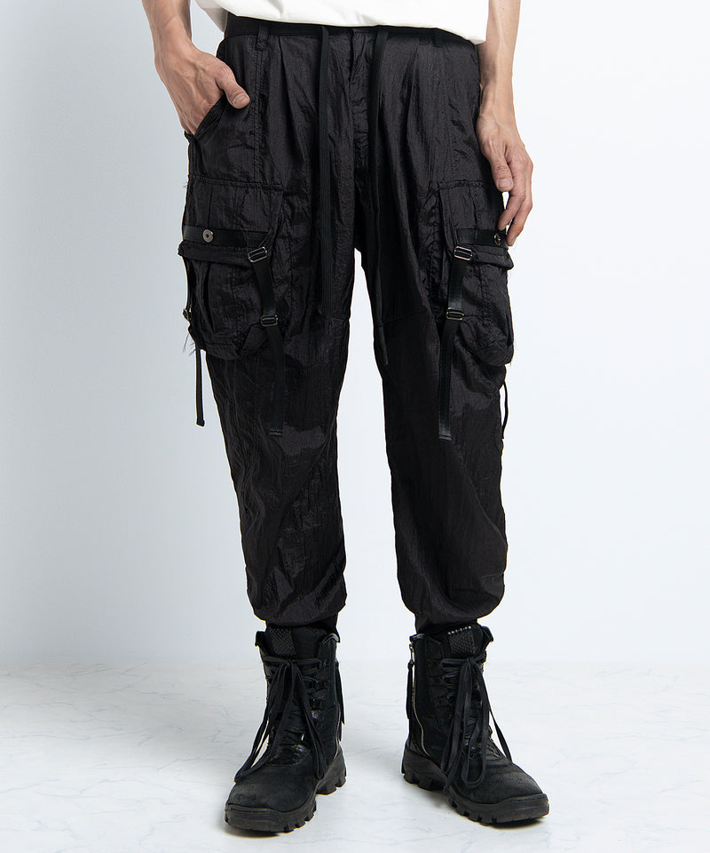 2401-PT05 Black Metal Parachute Pants 02 Black