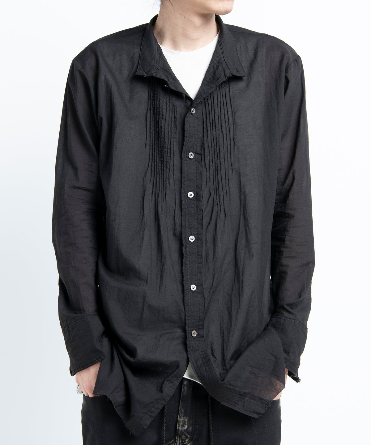 2501-SH04 Stand Collar Layer Shirt Black