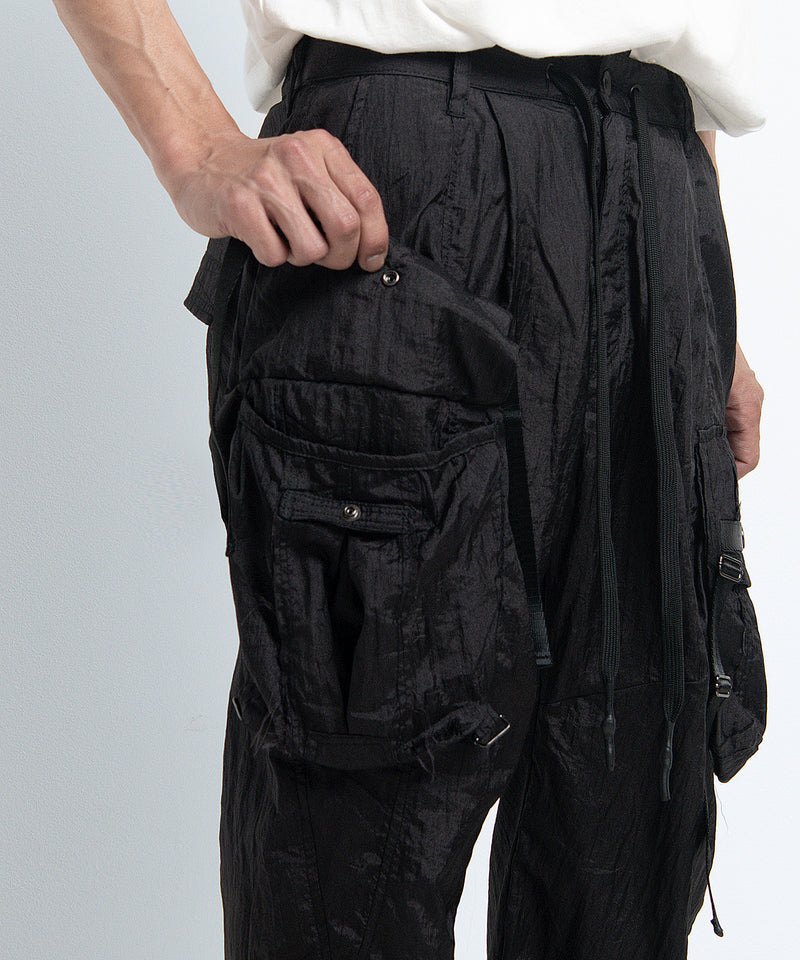 2401-PT05 Black Metal Parachute Pants 02 Black