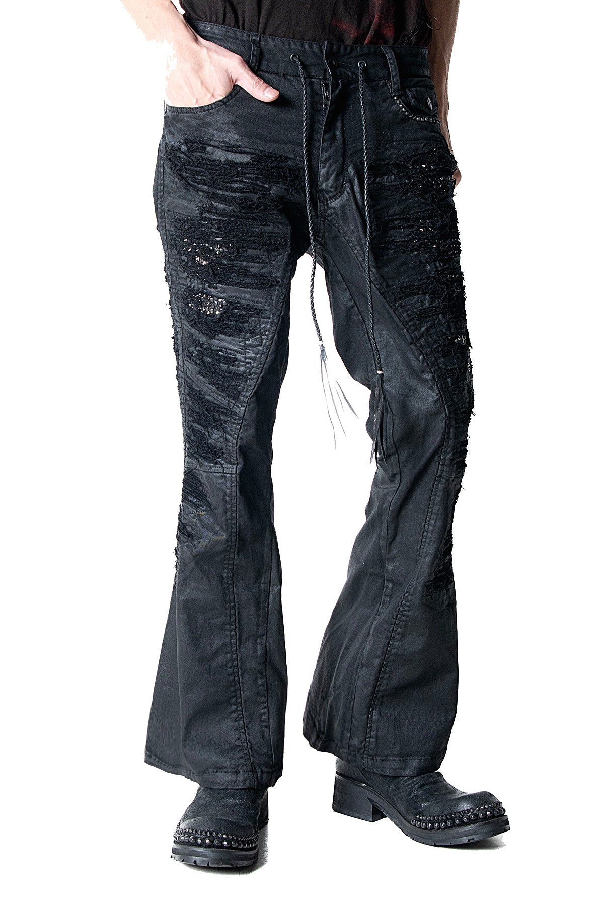 2502-PT19 Coating Crush Stretch Twill Flare Pants / STD_Black