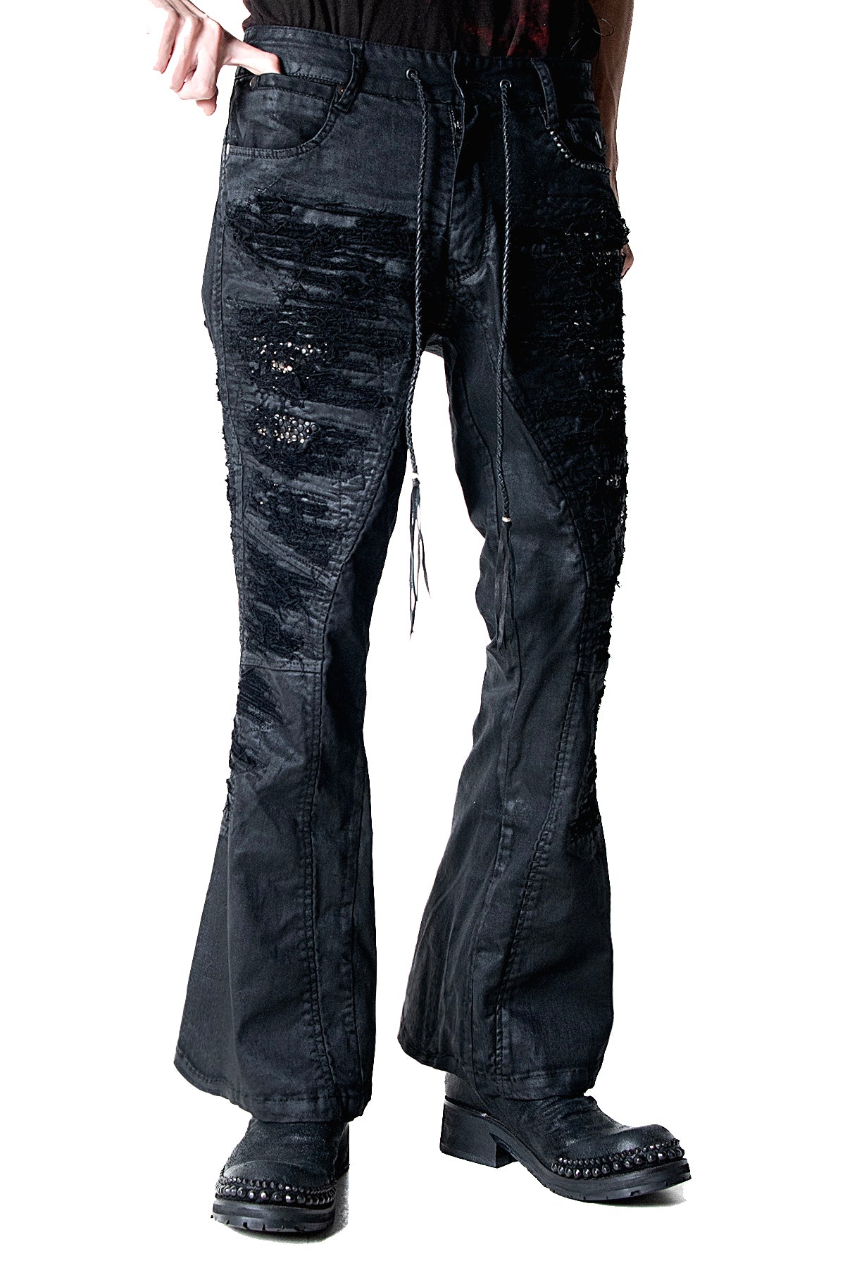 2502-PT19 Coating Crush Stretch Twill Flare Pants / STD_Black