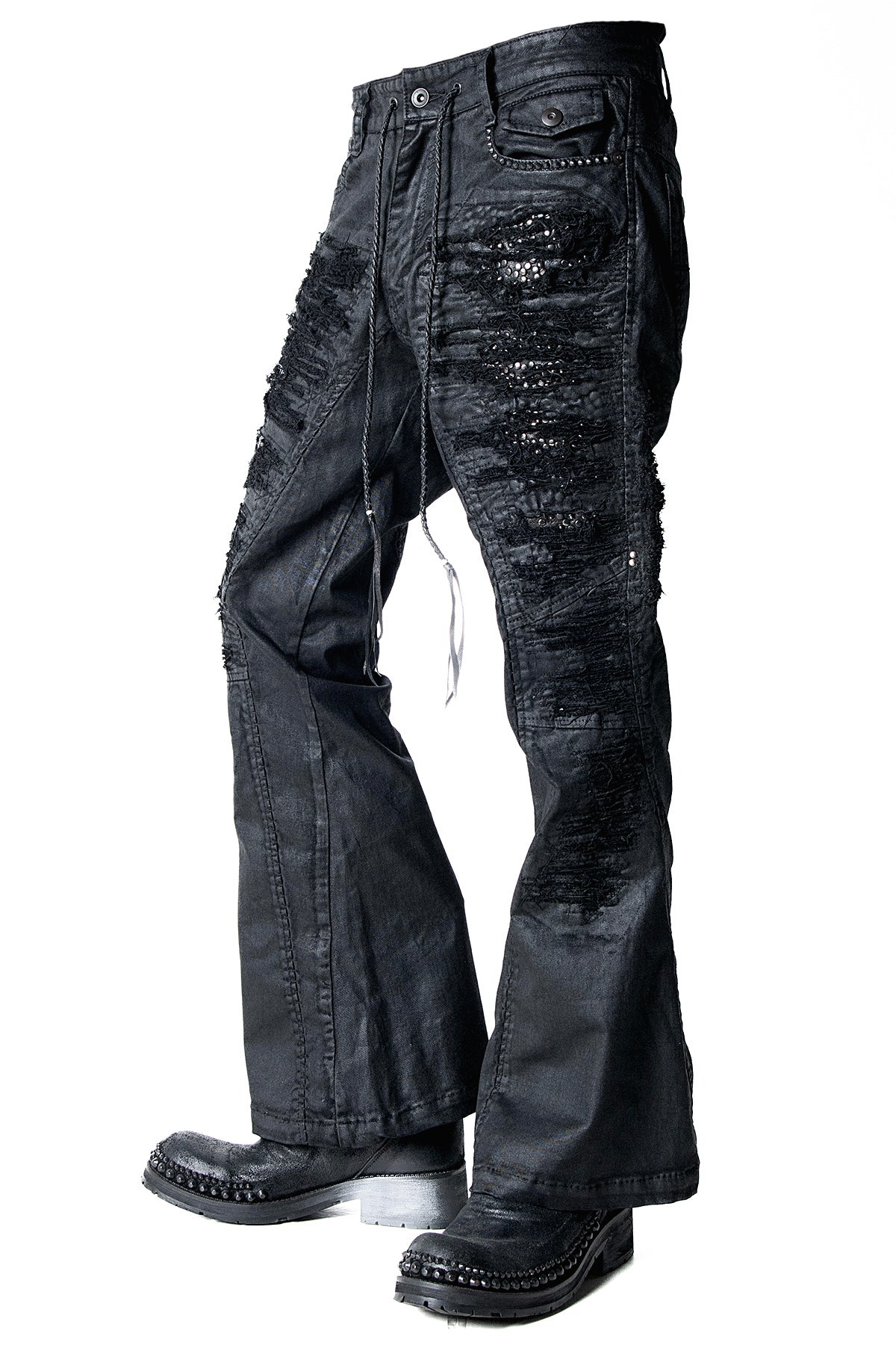 2502-PT19 Coating Crush Stretch Twill Flare Pants / STD_Black