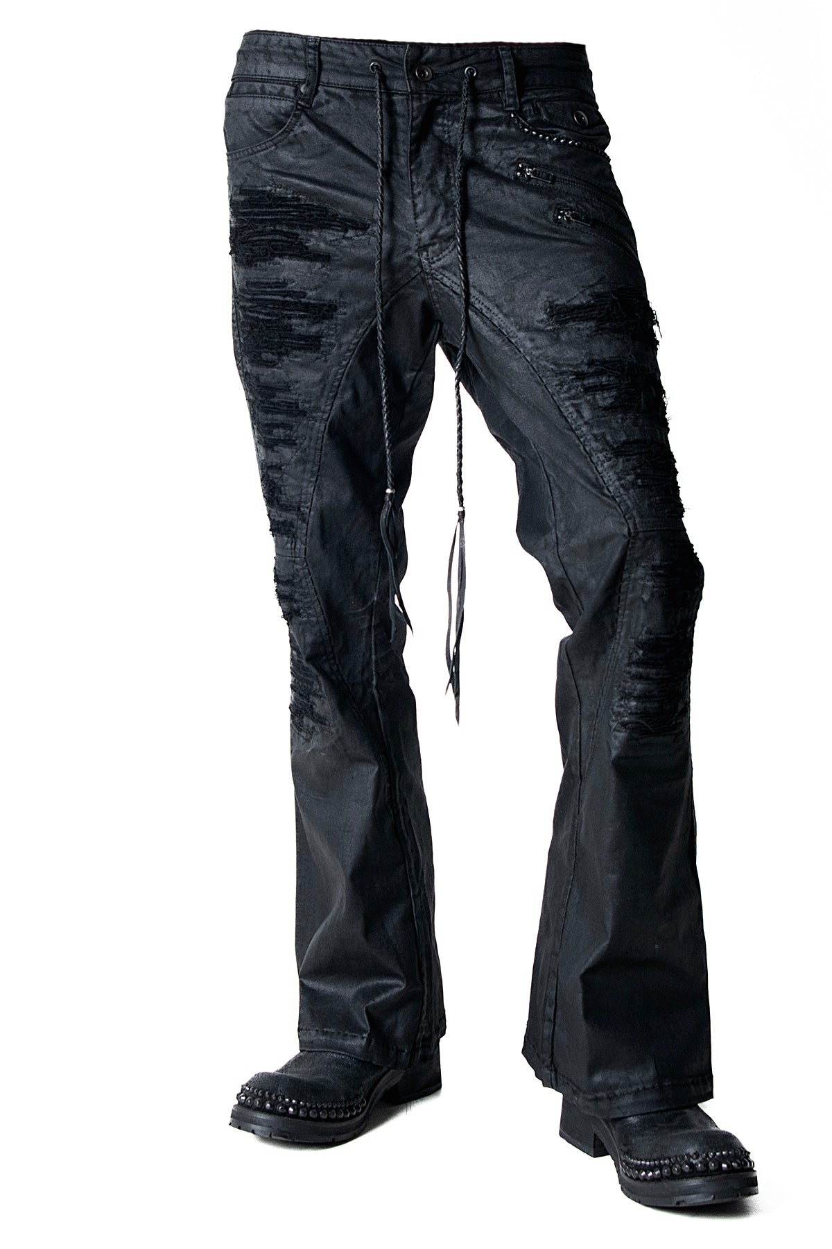 2502-PT18 Coating Double Zip Stretch Flare Pants