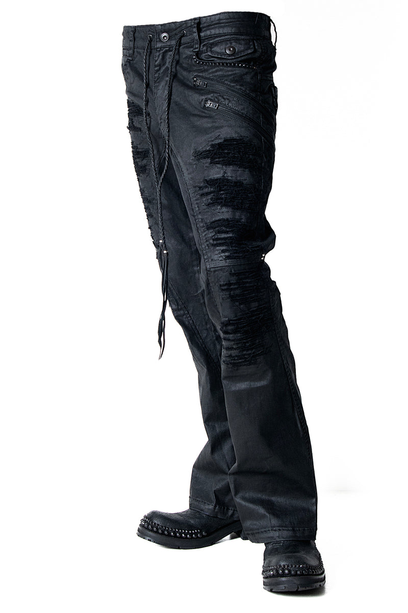 2502-PT18 Coating Double Zip Stretch Flare Pants