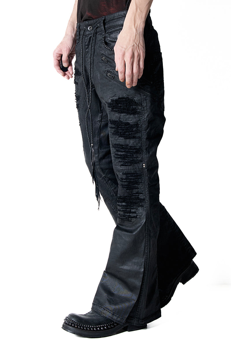 2502-PT18 Coating Double Zip Stretch Flare Pants