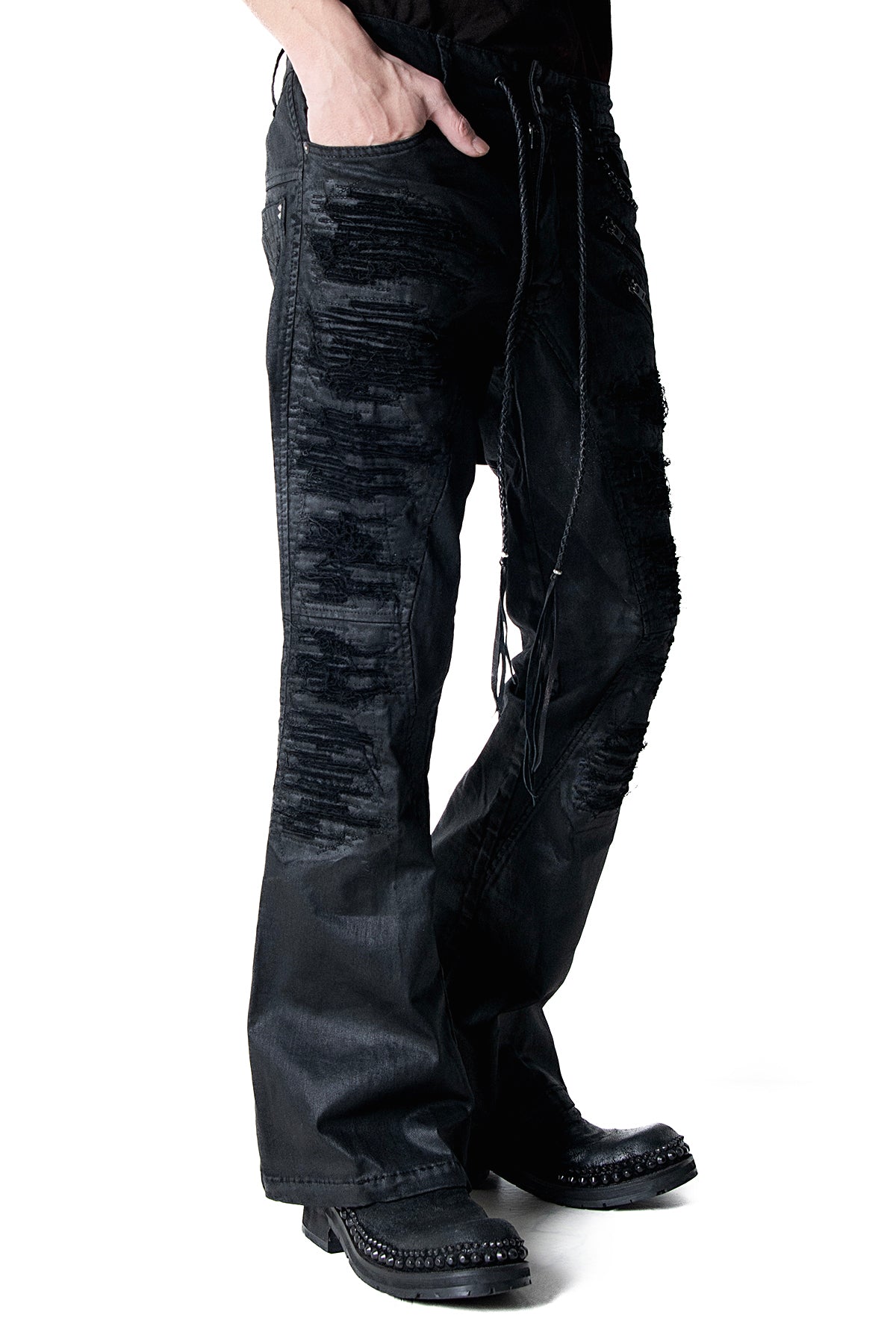 2502-PT18 Coating Double Zip Stretch Flare Pants