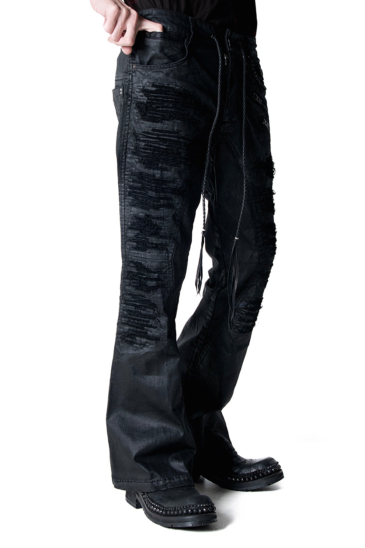 2502-PT18 Coating Double Zip Stretch Flare Pants