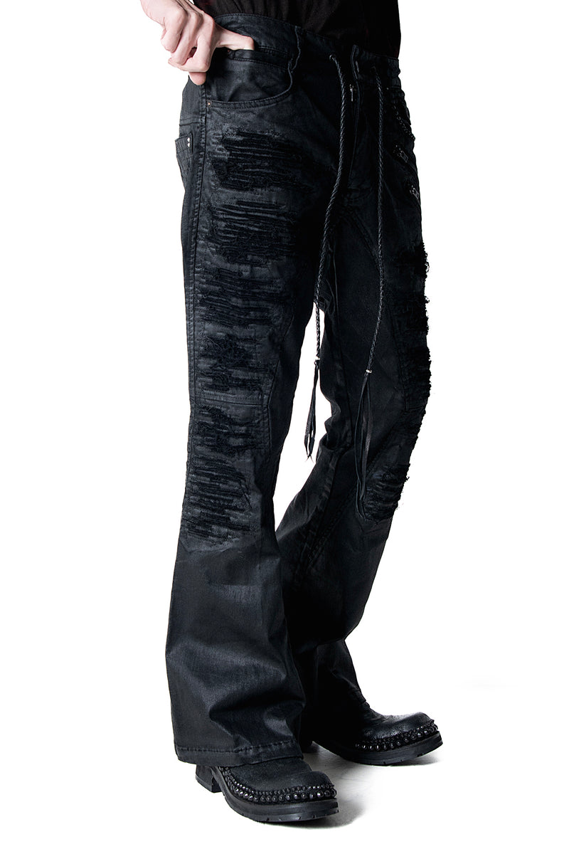 2502-PT18 Coating Double Zip Stretch Flare Pants