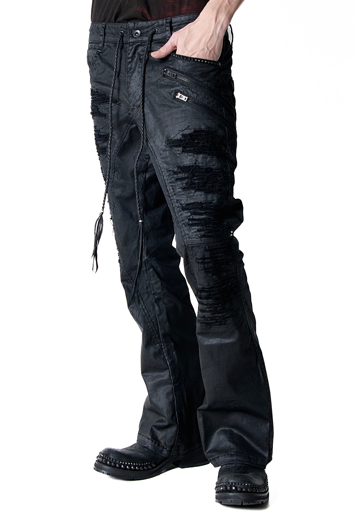 2502-PT18 Coating Double Zip Stretch Flare Pants