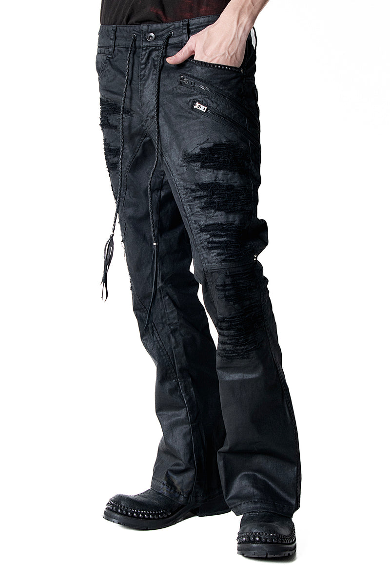 2502-PT18 Coating Double Zip Stretch Flare Pants