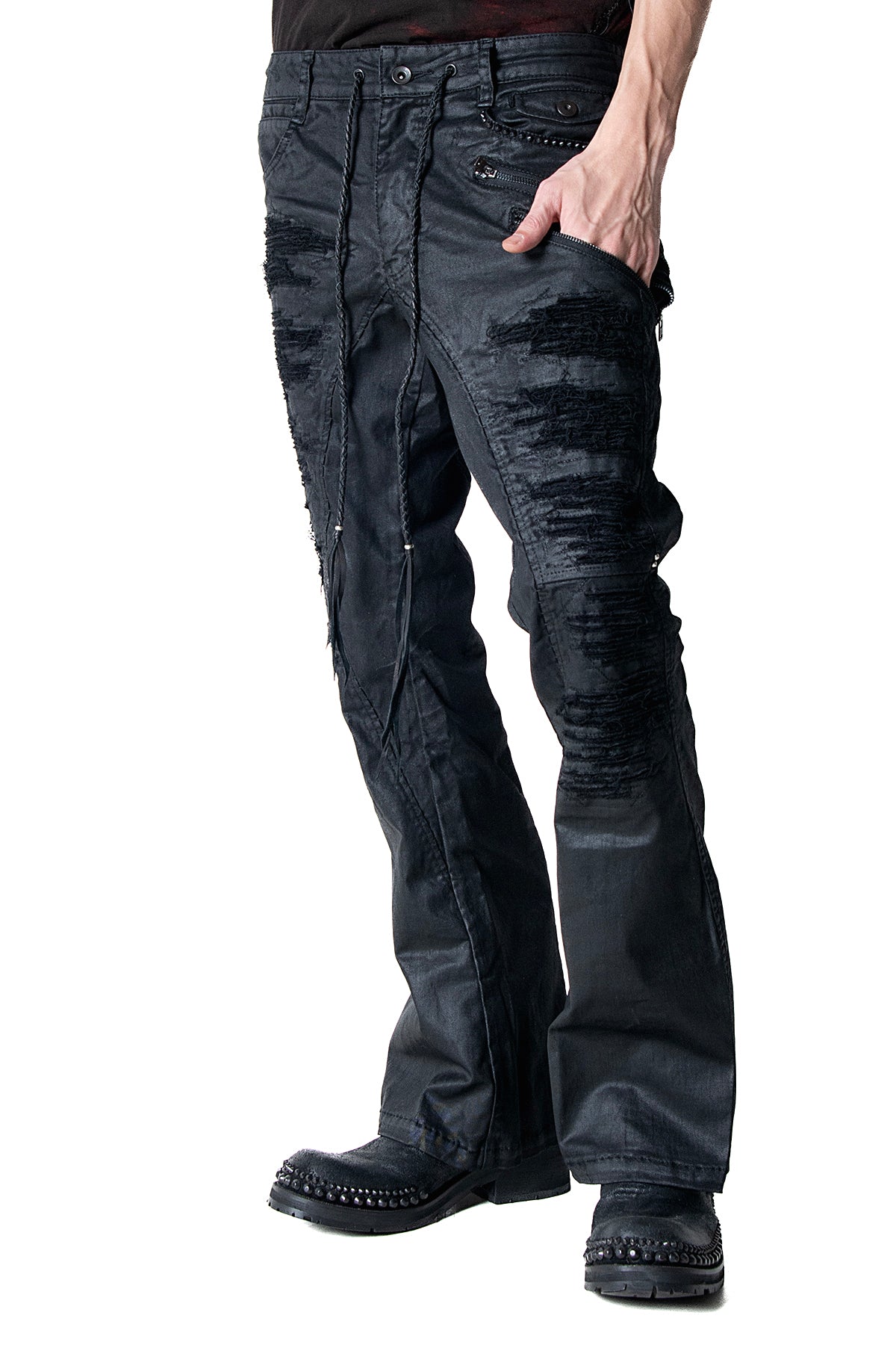 2502-PT18 Coating Double Zip Stretch Flare Pants