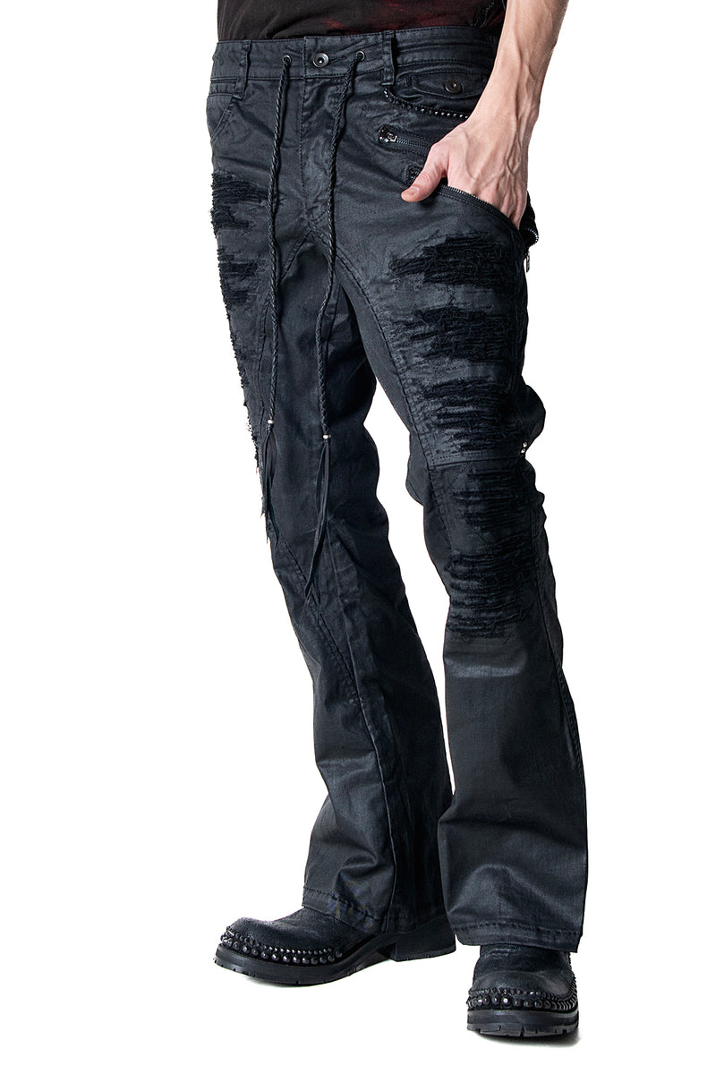 2502-PT18 Coating Double Zip Stretch Flare Pants