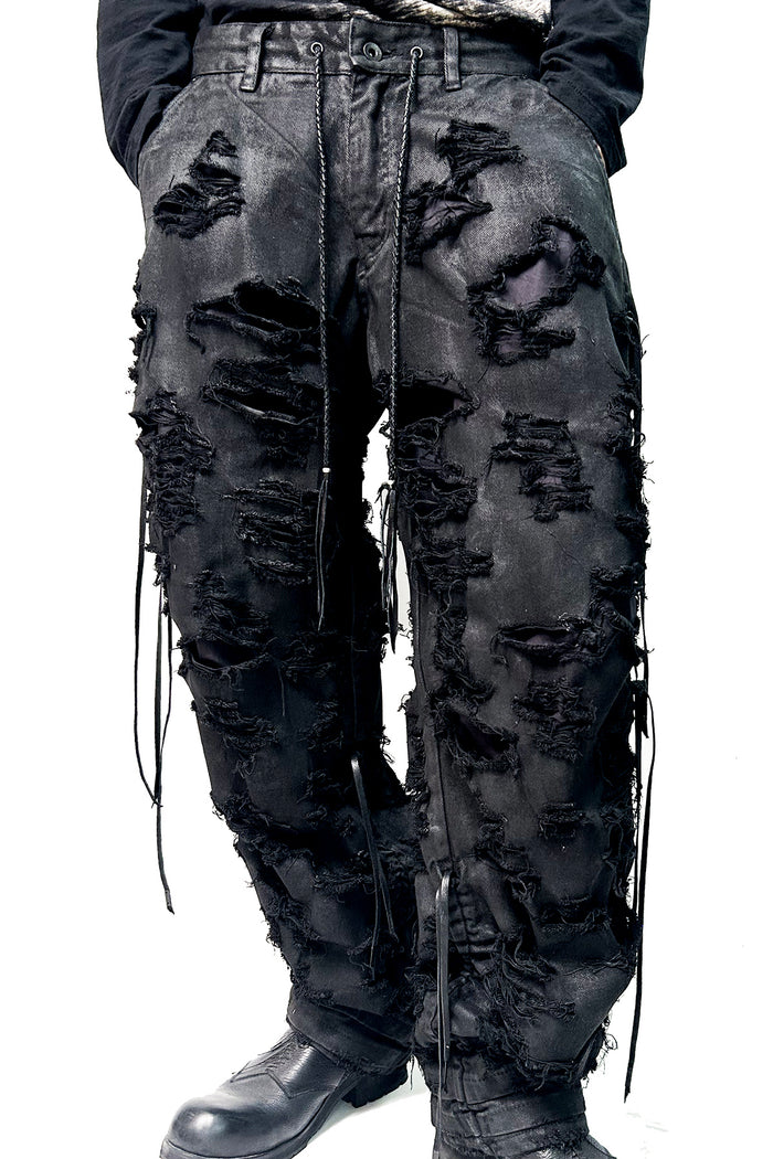 2502-PT03 Coating Side Shirring Slash Pants_Black